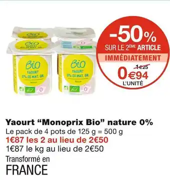 Monoprix Monoprix bio yaourt nature 0% offre