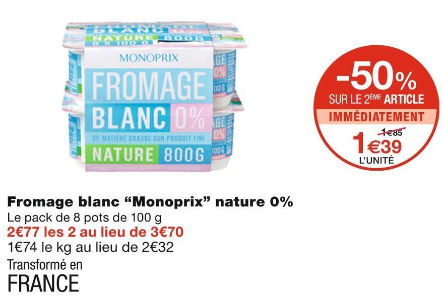 Promo Monoprix fromage blanc nature 0% chez Monoprix