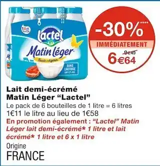 Monoprix Lactel lait demi-écrémé matin léger offre