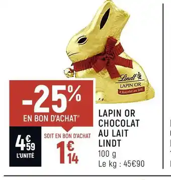 Spar Lindt lapin or chocolat au lait offre