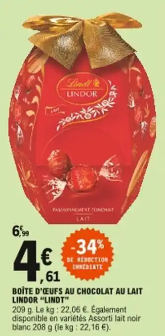 E.Leclerc Boîte d'œufs au chocolat au lait lindor offre