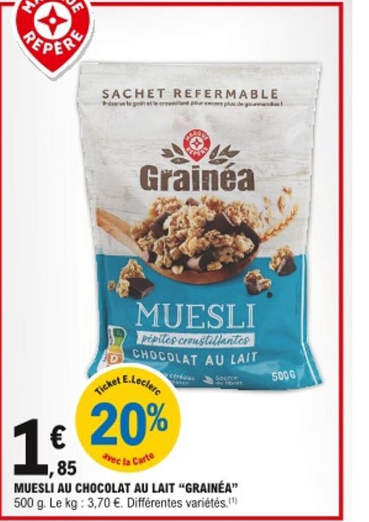 Promo Muesli au chocolat au lait Grainéa chez E.Leclerc