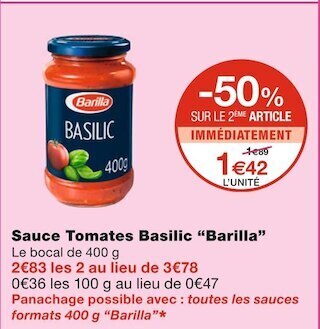 Monoprix Barilla sauce tomates basilic offre