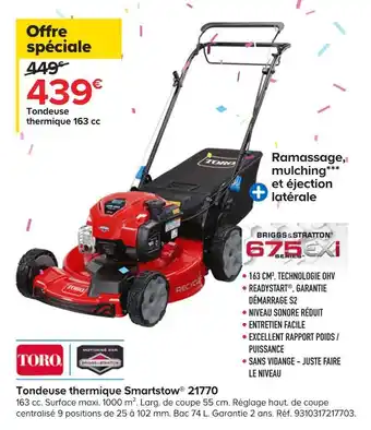 Castorama Toro tondeuse thermique smartstow 21770 offre