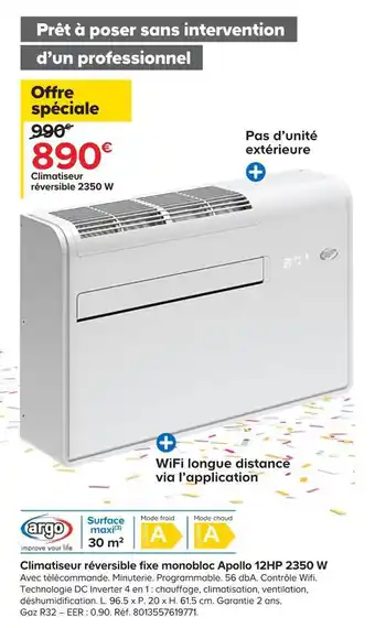 Climatiseur réversible fixe monobloc apollo 12hp 2350 w