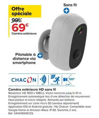 Castorama Chacon caméra extérieure hd sans fil offre