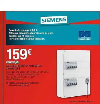 Brico Dépôt Tableau Prééquipé 2 Rangées 28 Modules Siemens offre