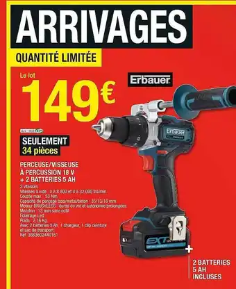 Brico Dépôt Perceuse - Visseuse à Percussion 18 V + 2 Batteries 5 Ah Erbauer offre