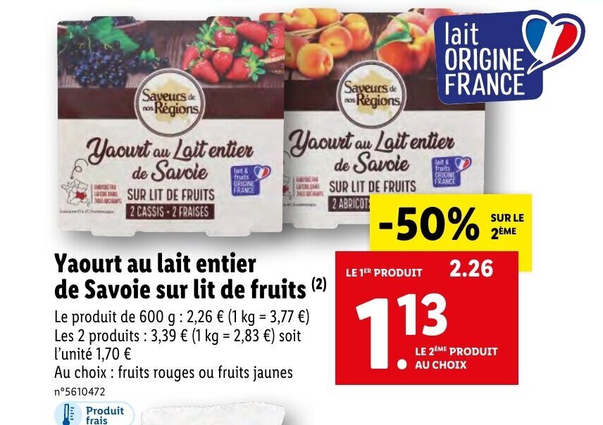 Promo Yaourt au lait entier de savoie sur lit de fruits chez Lidl