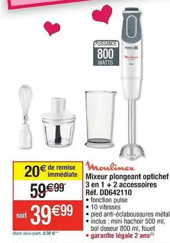 Cora x Carrefour Mixeur Plongeant Optichef 3 En 1 + 2 Accessoires Moulinex offre