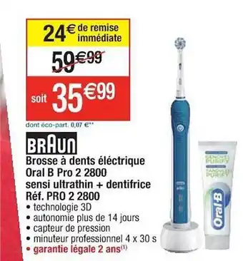 Cora x Carrefour Brosse à Dents électrique Oral B Pro 2 2800 Sensi Ultrathin + Dentifrice Braun offre