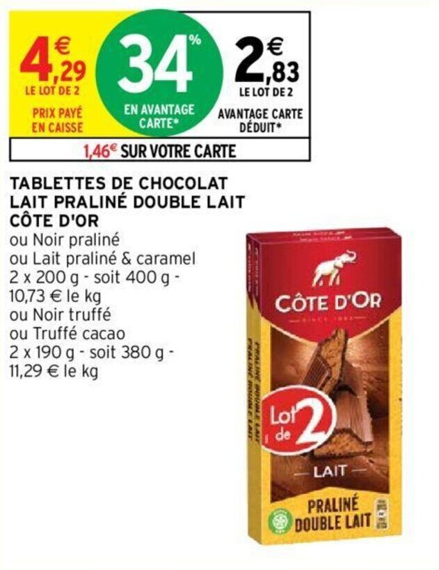 Promo Tablettes de chocolat lait praliné double lait cote d'or chez