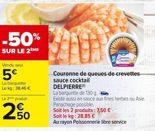 Carrefour Delpierre couronne de queues de crevettes sauce cocktail offre