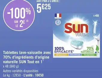 Géant Casino Sun tablettes lave-vaisselle avec 70% d’ingrédients d’origine naturelle tout en 1 offre