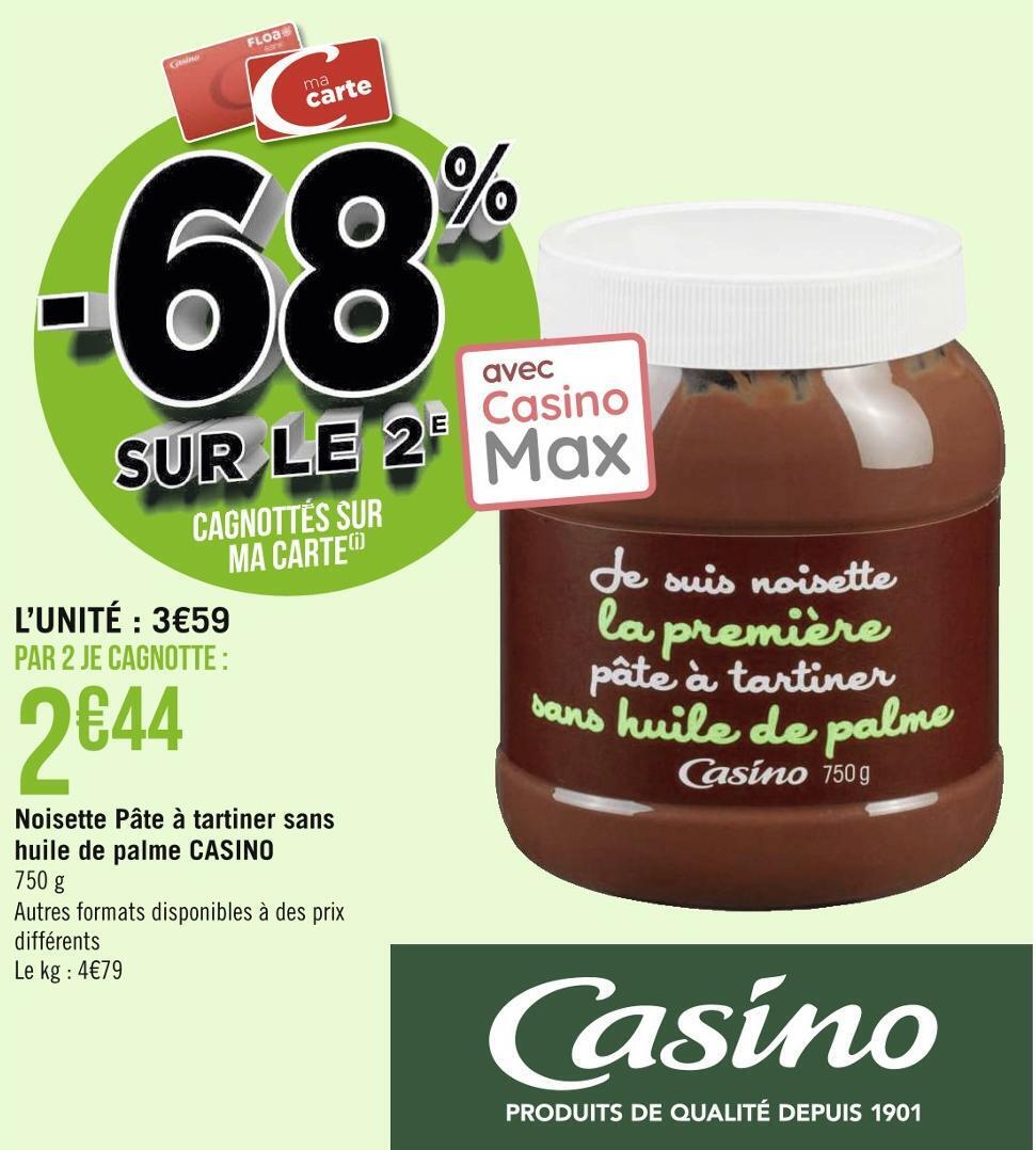 Promo Casino noisette pâte à tartiner sans huile de palme chez Géant Casino