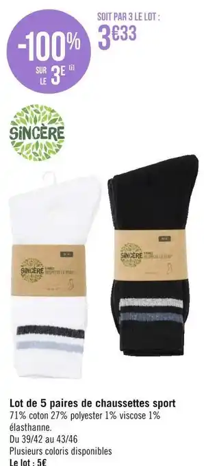 Géant Casino Sincère lot de 5 paires de chaussettes sport offre