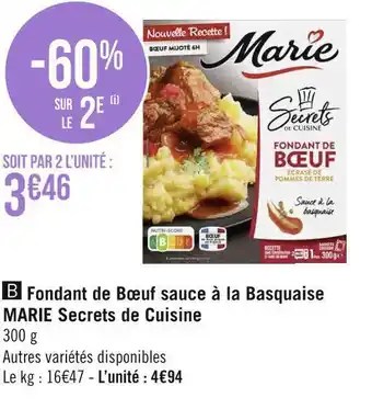 Géant Casino Marie fondant de bœuf sauce à la basquaise secrets de cuisine offre