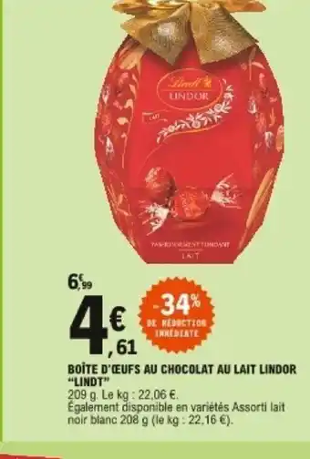 E.Leclerc Boîte d'œufs au chocolat au lait lindor Lindt offre