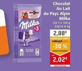 Colruyt Chocolat Au Lait Du Pays Alpin Milka offre