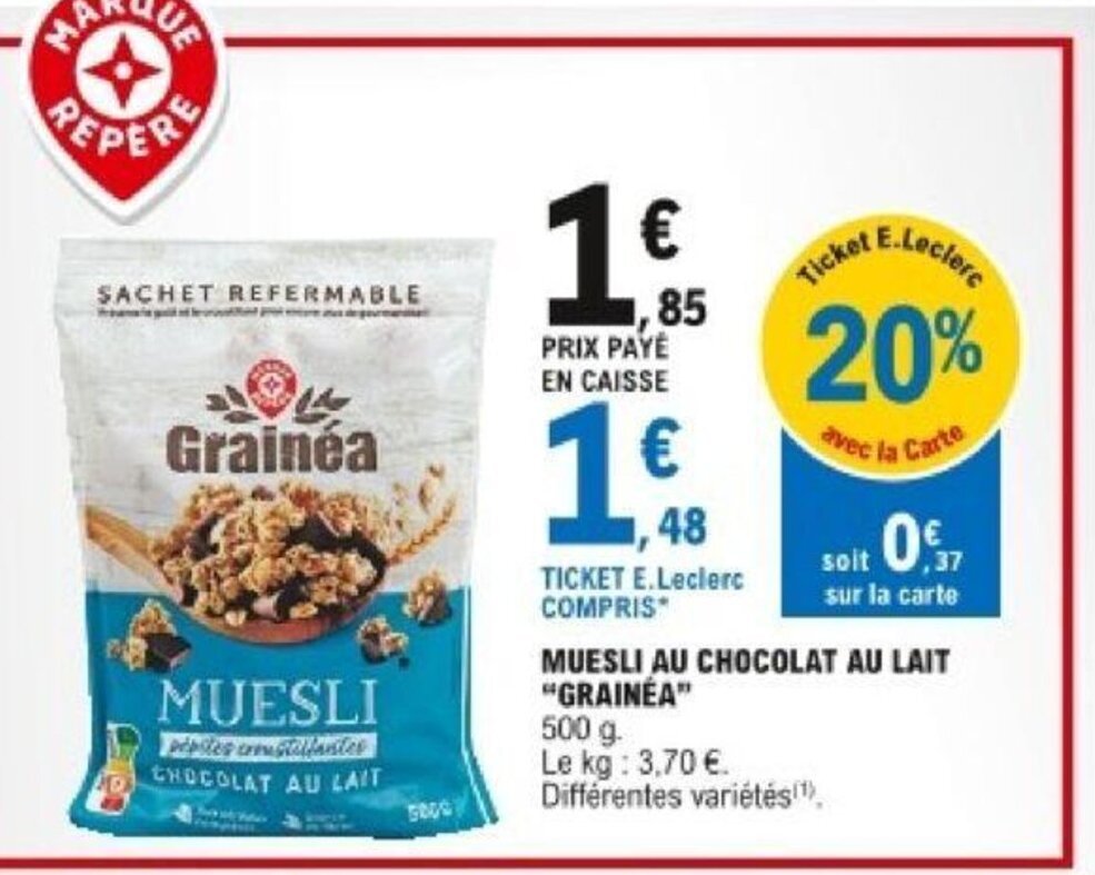 Promo Muesli au chocolat au lait Grainéa chez E.Leclerc