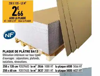 Brico Cash Plaque de Plâtre Ba13 offre
