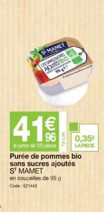 Promocash Puree De Pommes Bio Sans Sucres Ajoutes St Mamet offre