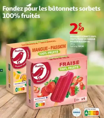 Auchan Bâtonnets Sorbets 100% Fruits Fraise Ou Mangue Passion Auchan X4 offre