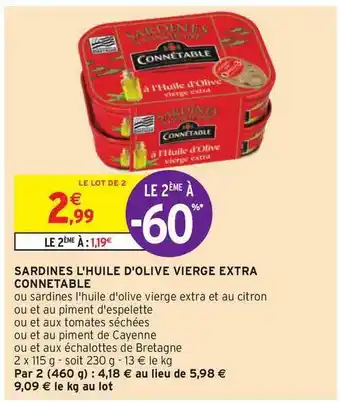 Intermarché Hyper Sardines L'huile D'olive Vierge Extra Connétable offre