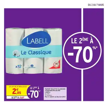 Intermarché Hyper Papier Toilette Classique 2 épaisseurs Blanc Labell offre