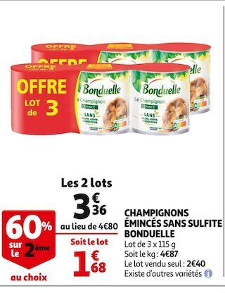 Auchan Bonduelle champignons émincés sans sulfite offre