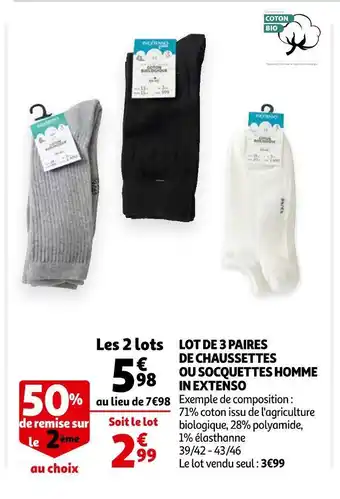 Auchan In extenso lot de 3 paires de chaussettes ou socquettes homme offre