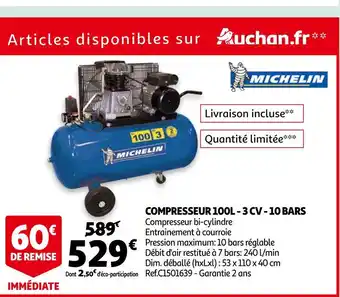 Auchan Michelin compresseur 100l - 3 cv - 10 bars offre