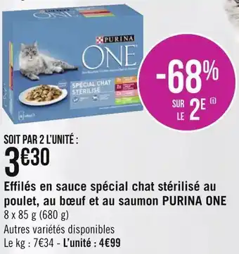 Géant Casino Purina one effilés en sauce spécial chat stérilisé au poulet, au bœuf et au saumon offre