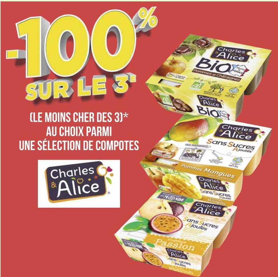 Promo Charles et alice bon plan sur une sélection de compotes de la