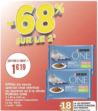Géant Casino Purina one effilés en sauce spécial chat stérilisé au saumon et à la dinde offre