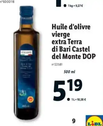 Lidl Huile D'Olive Vierge Extra Terra Di Bari Castel Del Monte DOP offre