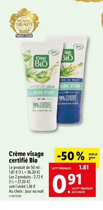 Lidl Créme Visage Certifié Bio offre