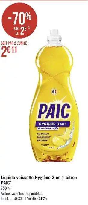 Casino Supermarchés Liquide vaisselle Hygiène 3 en 1 citron Paic offre