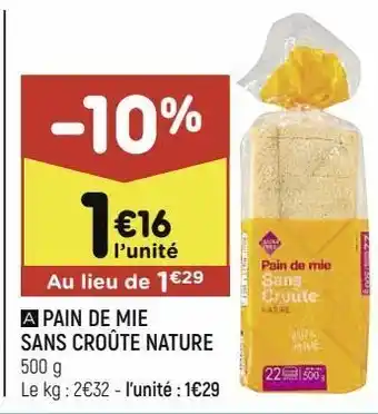 Leader Price Pain de mie sans croûte nature offre