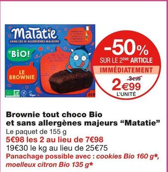 Matatie brownie tout choco bio et sans allergènes majeurs
