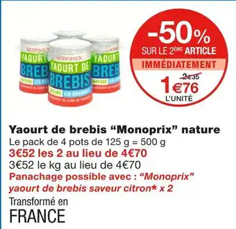 Monoprix Monoprix yaourt de brebis nature offre