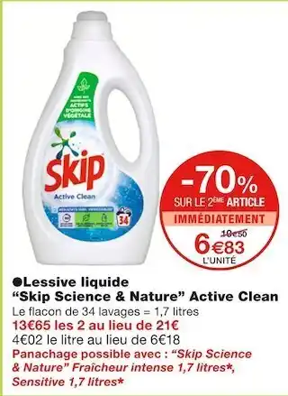 Monoprix Skip lessive liquide “skip science & nature” active clean offre