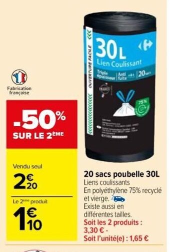 Carrefour Market 20 Sacs Poubelle 30L offre