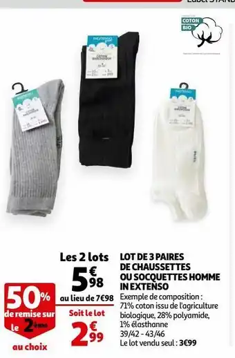 Auchan Lot de 3 paires de chaussettes ou socquettes homme in extenso offre