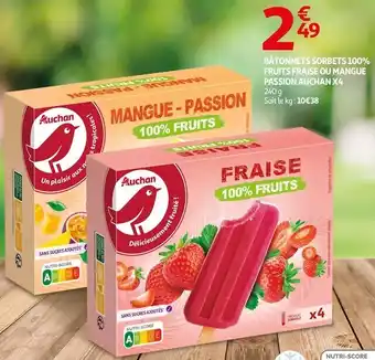 Auchan BÂTONNETS SORBETS 100% FRUITS FRAISE OU MANGUE PASSION X4 offre