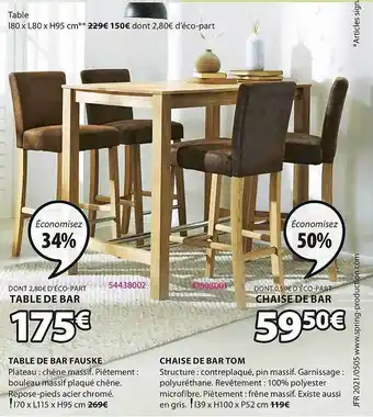 JYSK Table De Bar Fauske, Chaise De Bar Tom offre