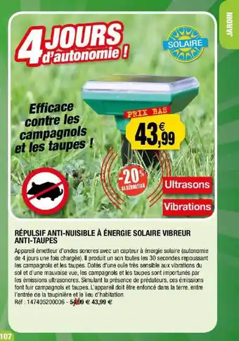 Outiror Répulsif Anti-nuisible à énergie Solaire Vibreur Anti-taupes offre