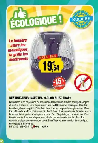 Outiror Destructeur Insectes «solar Buzz Trap» offre