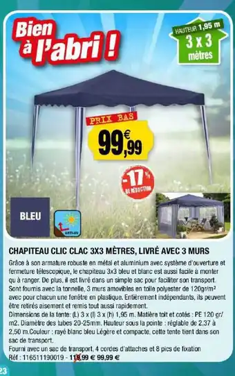 Chapiteau Clic Clac 3 X 3 MÚtres, Livré Avec 3 Murs