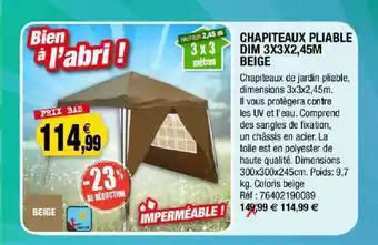 Outiror Chapiteaux Pliable Dim 3 X 3 X 2,45 M Beige offre